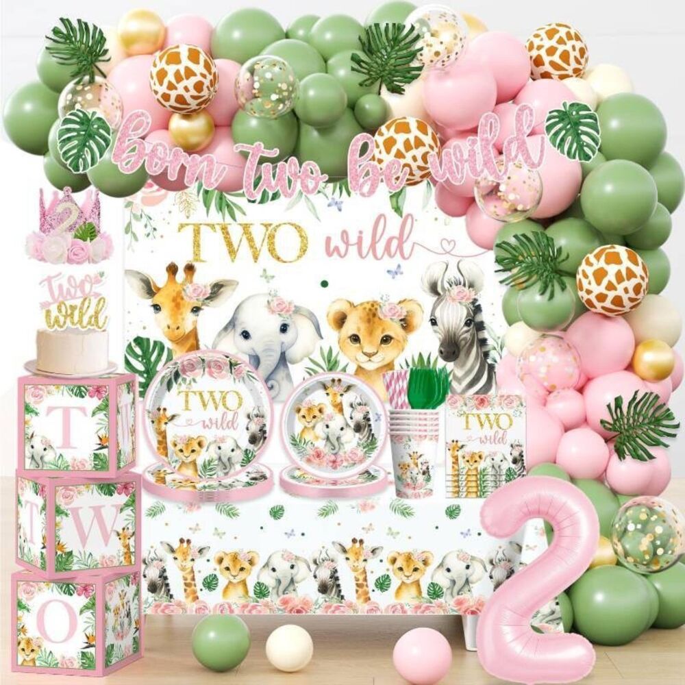 Two Wild 2nd Birthday Party Decorations Set | Safari Jungle Theme Girl